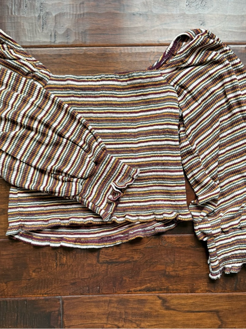 Anthropologie Brown Striped Puff-Sleeve Crop Top - Picture 2 of 8